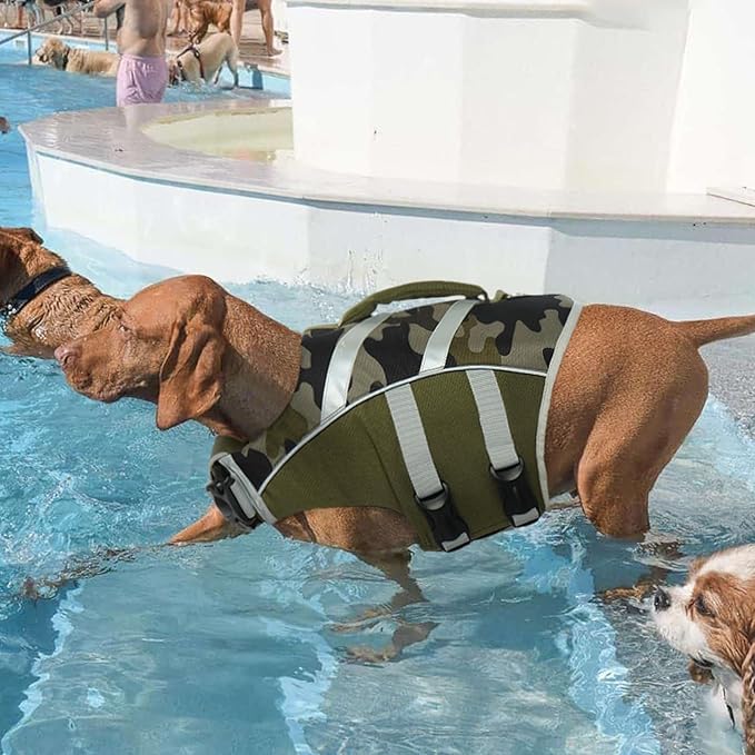 Kuoser Dog Life Jacket with Reflective Stripes, Dog Life Vest for Swimming Boating, Adjustable Pet Lifejackets with High Flotation, Doggie Swimsuit for Small Medium Large Dogs