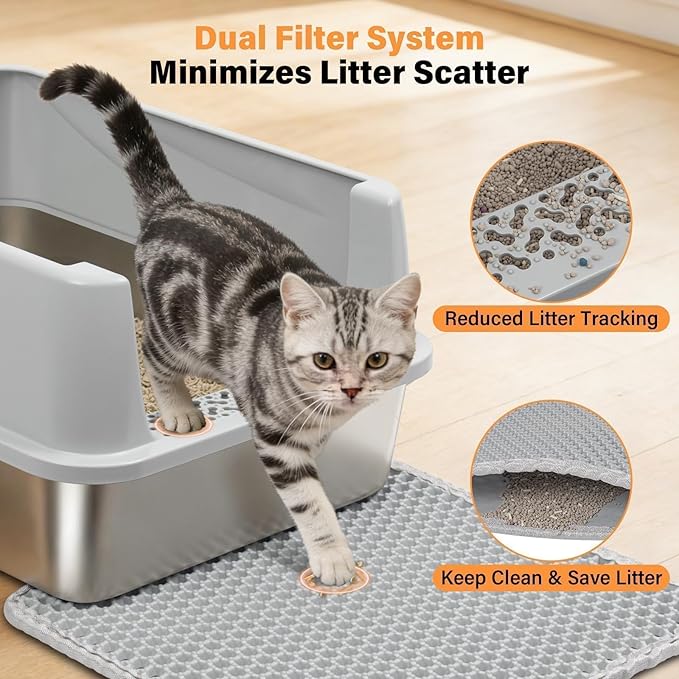 Stainless Steel Litter Box with High Sides, Small Metal Litter Box for Kittens & Small Cats, Low Entry Kitten Litter Boxes with Scoop and Mat, Non-Sticky, Anti-Urine Leakage, Easy Cleaning, Gray