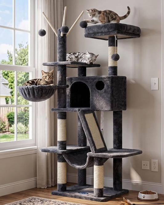 Hey-brother Cat Tree, 53 inch Cat Tower for Indoor Cats, Cat House with Padded Platform Bed, Toy Balls, Large Cozy Condo, Hammocks and Sisal Scratching Posts, Smoky Gray MPJ019-SG