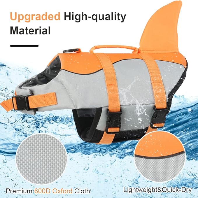 EMUST Shark Dog Life Jackets, Adjustable Ripstop Dog Vest for Water Safety, Pet Life Vest with Rescue Handle for Swimming Pool, Beach, Boating, (L, Orange)