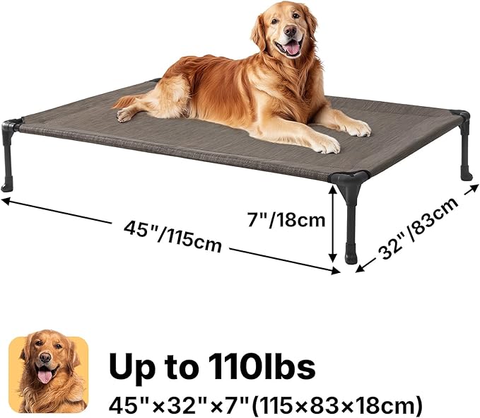 Veehoo Outdoor Elevated Dog Bed Large Sized Dogs, Extra Large Cooling Raised Dog Cots Beds Training Platform Off Ground Hammock with Breathable Mesh, No-Slip Feet, 45"x33", Brown