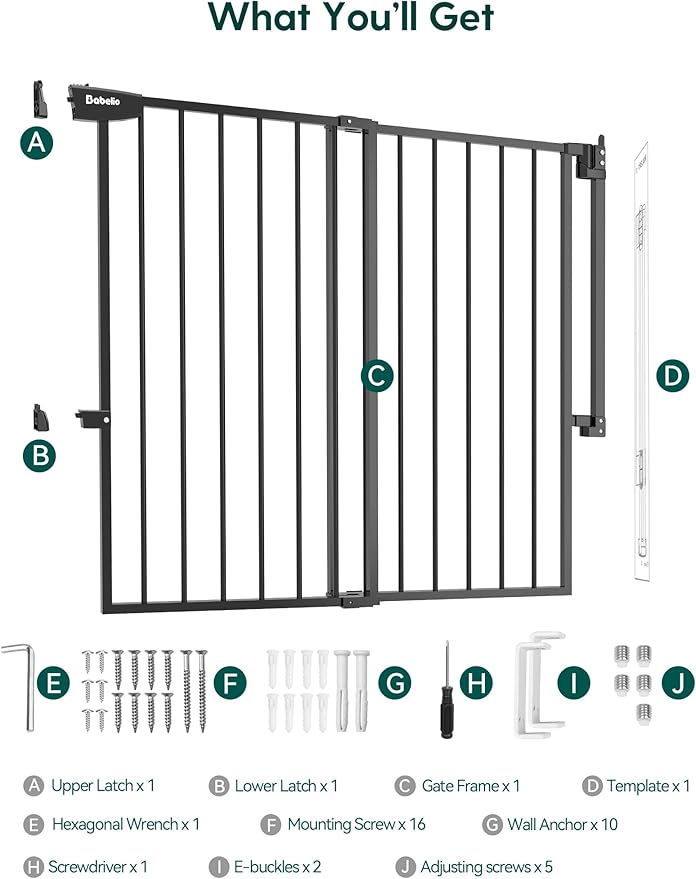 Babelio 34" Tall No Bottom Bar Baby/Dog Gate for Stairs, House and Doorways, 29.7-46.5" Auto Close Safety Pet Gates with Large Walk Thru Door, Hardware Mount, Black