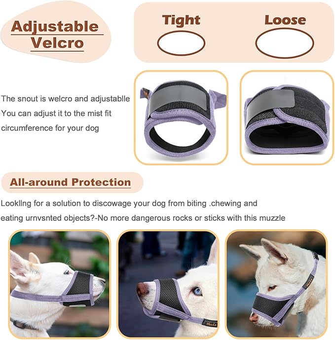HEELE Dog Muzzle,Soft Nylon Muzzle Anti Biting Barking Chewing,Air Mesh Breathable Drinkable Adjustable Loop Pets Muzzle for Small Medium Large Dogs (Purple, S)