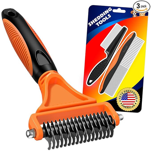 3PCS Pet Grooming Rake & Metal Comb & Flea Comb for Cats and Dogs, Double-Sided Dematting Tool, Extra-Wide Deshedding Dog Brush for Long Hair to Effectively Remove Tangles, Knots and Mats (Orange)