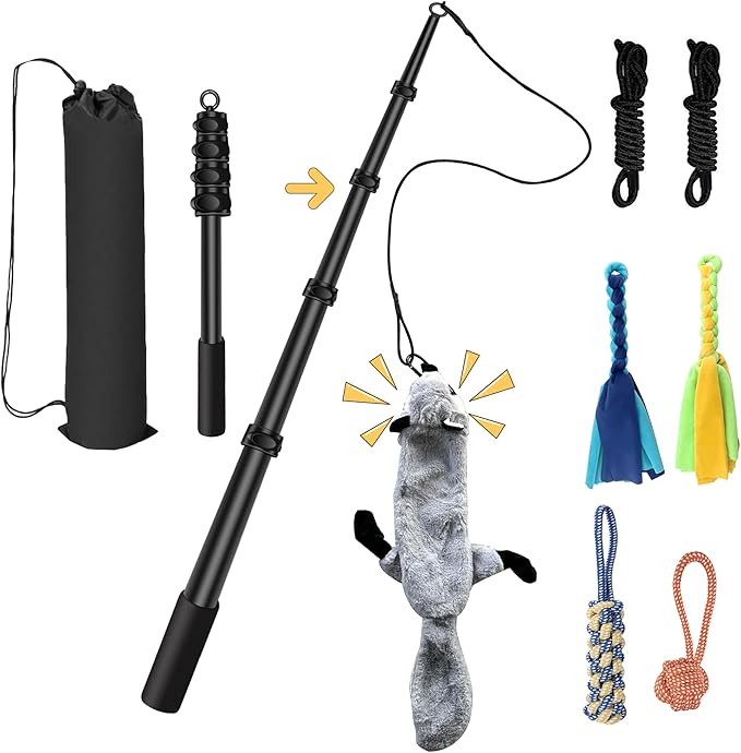 Flirt Pole for Dogs - Interactive Toys Tug-of-war for Dog, Five-Section Retractable Adjustable Length for Outdoor Exercise & Training