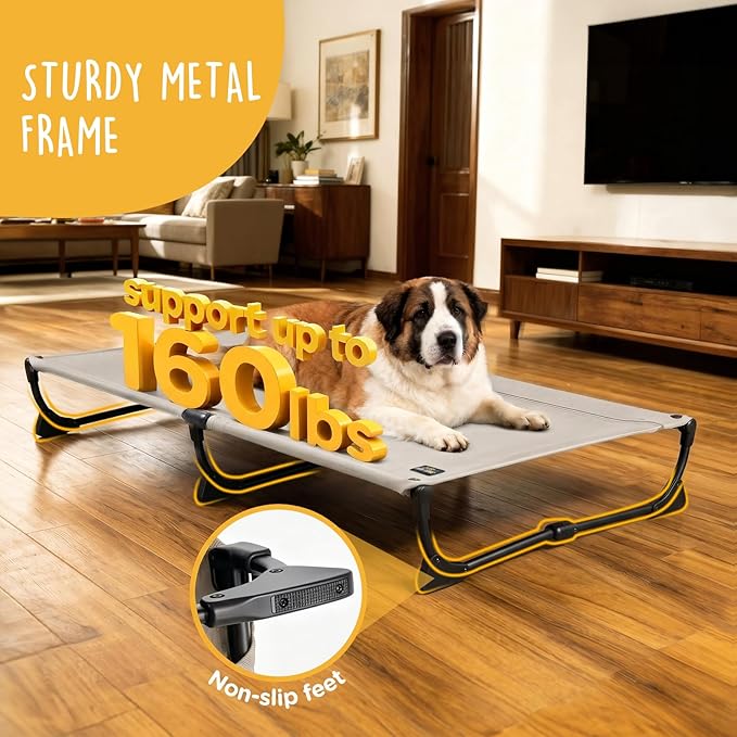 CANINE CANYON Upgraded Non-Slip Daisy Cot, Large Foldable Elevated Dog Bed, Portable Raised Outdoor Folding Dog Cot for Camping/Home, Chew Proof Waterproof Heavy Duty Up to 160 Lbs, Brown, 43"x27"