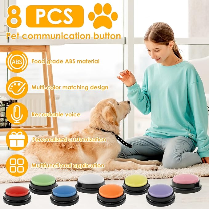 Dog Buttons for Communication, 8Pcs Dog Buttons Talk, Recordable Talking Training Buttons with Non-Slip Back Mat, Pet Buttons for Communication