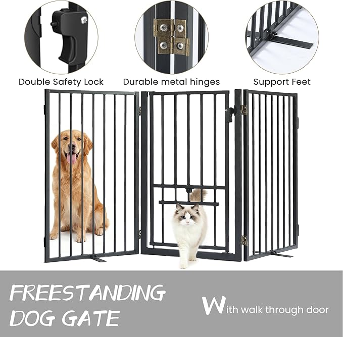 Metal Freestanding Dog Gate with Cat Door for Outdoor & Indoor,60" Extra Wide Foldable Pet Fence,30" Tall Free Standing Dog Gate for RV Camping,Stairs,Hallways,Doorways,Deck,Yard (3 Panels,Black)