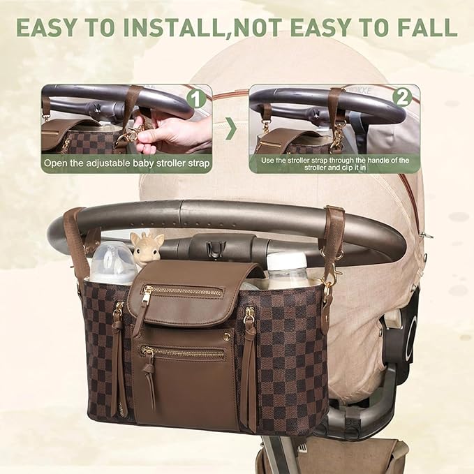 miss fong Checkered Stroller Caddy with Insulated Cup Holder Universal Stroller Organizer Bag Baby Storage Bag with Adjustable Strap, Fits for Baby Carriage like Uppababy, Baby Jogger, Umbrella