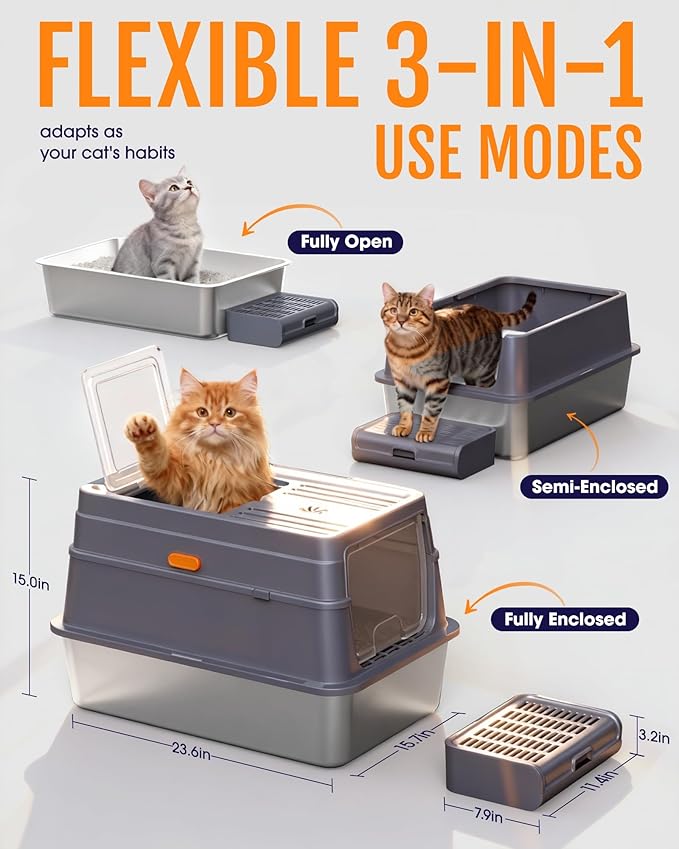 Powools Cat Litter Box - Stainless Steel Litter Box with Lid for Kitty, Metal Base Enclosed Cat Box with Litter Scoop, Elevated Step Box, Activated-Carbon Pack, 23.6" x 15.7" x 15", Grey