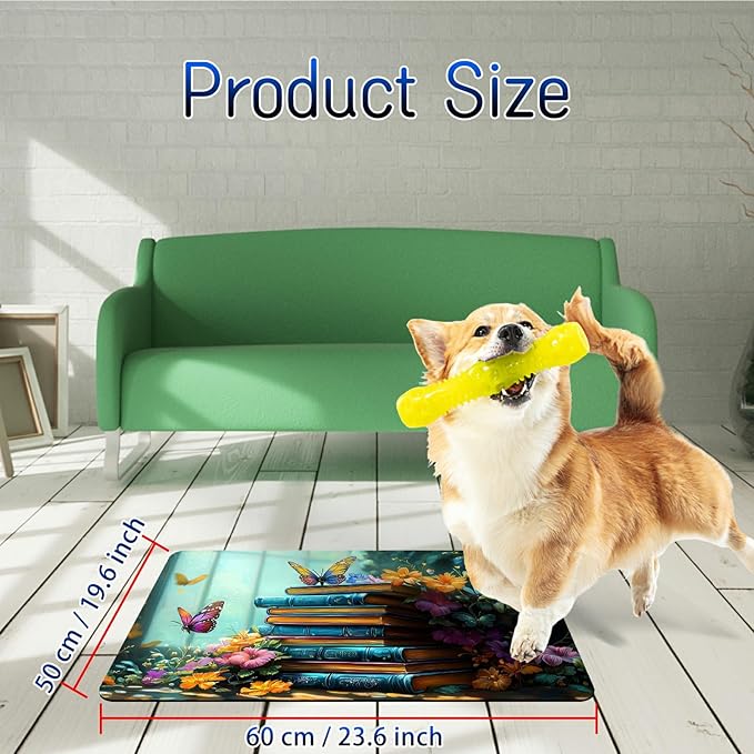 Dog Food Mat, 19.6" x 23.6" Absorbent Pet Feeding Mat for Food and Water, Waterproof Diatom Mud Pet Placemat with Non-Slip Rubber Backing, Cat Bowl Mat for Floors - Book Butterfly Flowers