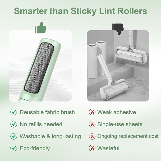 Pet Hair Remover Tool - Reusable Lint Roller Lint Brush for Cat & Dog Hair on Furniture, Clothes, Couches, Car Seats, and Fabric - No Refills, Eco-Friendly and Portable (Green)