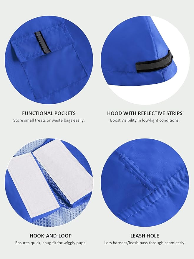 Dog Raincoat Reflective Adjustable Hooded Pet Rain Jacket Poncho with Leash Hole for Dogs S-5XL