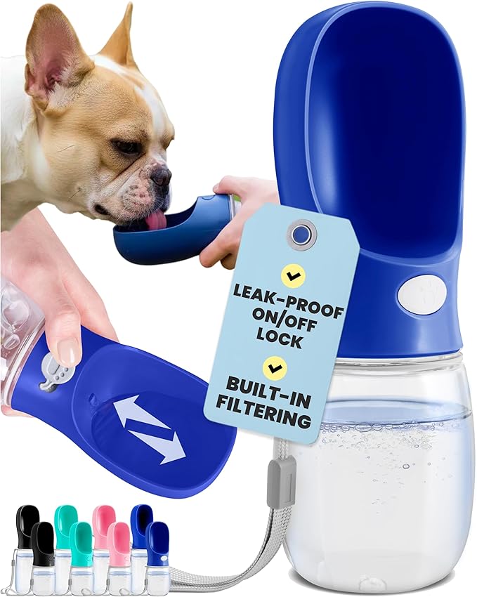 MalsiPree Dog Water Bottle Dispenser for Walks - 12 oz Navy Blue - Leak-Proof Lock & One-Hand Operation - Water Dispenser Pet Travel Bottle, for Travel, Trail Hiking, Park Visit, Camping & Beach Days