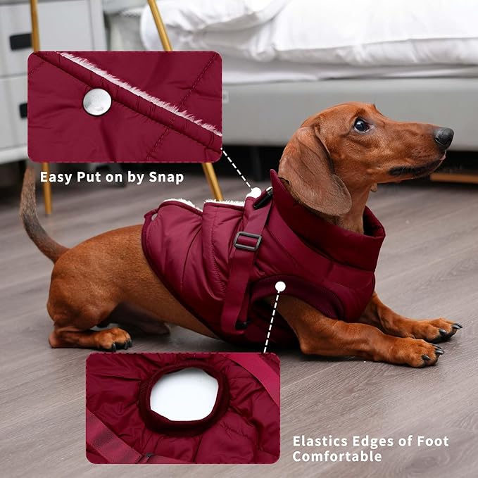 JoyDaog Dog Jacket with Harness,Fleece Lined Warm Puppy Coat for Winter,Soft Windproof Small Dog Vest,Red XS