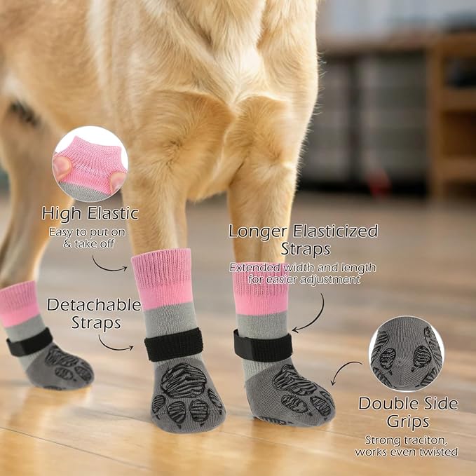 EXPAWLORER Anti Slip Dog Socks to Prevent Licking Paws, Dog Shoes for Hot Pavement, Dog Booties for Hardwood Floors, Dog Boots & Paw Protectors with Grippers for Small Medium Large Senior Dogs Pink XS