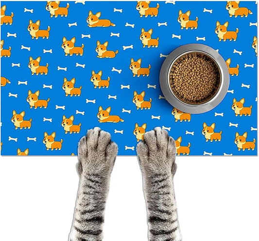 HOMETITUTE 24x16 inch Cute Corgi Design Non Slip Pet Food Mat Dog Bowl Placemat for Food and Water Small Pet Bowl Mats Cat Food Mats Easy to Clean Feeding Mat for Small Pets