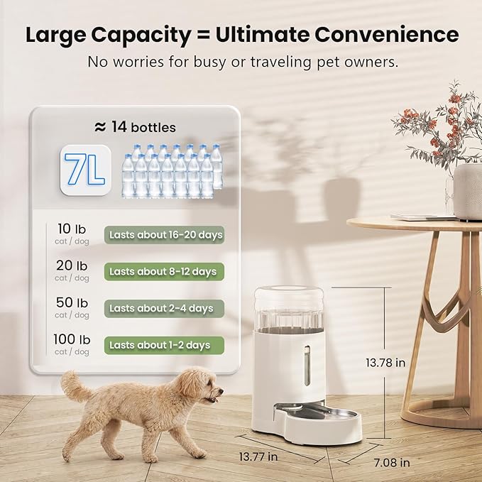 CZPET Dog Water Bowl Dispenser 7L, Wider Mouth & Upgraded Brush for Easy Cleaning Automatic Cat Gravity Refilling Waterer with Removable Stainless Steel Bowl, Large Drinking Area for Multi-Pet (White)
