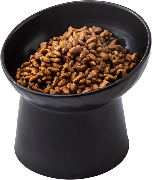 Ceramic Raised Cat Bowls - Elevated Tilted Cat Food and Water Bowls, Anti Vomiting and Protect Pets' Spines Pet Feeding Dish for Cats, Dishwasher Microwave Safe (1 x Bowl - Black)