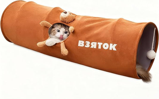 Cat Tunnel for Indoor Cat Tube Collapsible Cat Tunnel Bed with Hanging Ball,Play Tunnel for Kitten,Kitty,Puppy,Rabbit,Funny Interactive Cat Toy Gift for Cat Lover(Bear,31.5″x10″x10″)