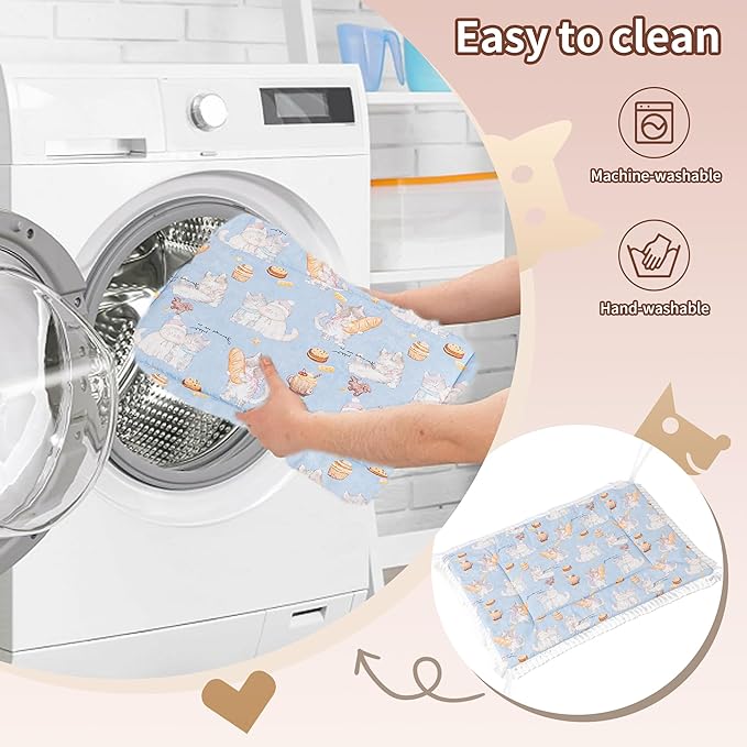 Reversible Silent Cat Bed Self Warming Pet Pad Thin Style Mat Washable Cushion Pad, Pad for Window Perch Outdoor Cat Houses, for Cats, Small Dogs, Rabbits, Non Electric,(Blue Kitten,M)