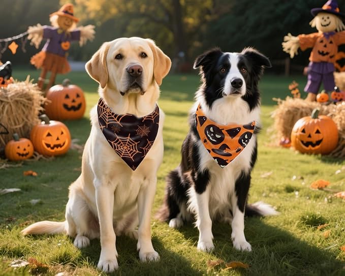 Fall Dog Bandanas 2PCS-XLarge,Halloween Dog Bandana,One Side Orange Plaid,The Other Side Pumpkin or Spider Web Bibs,Holiday Pet Scarf for Boy and Girl Dogs,Thanksgiving Pet Outfit for Extra Large Dogs