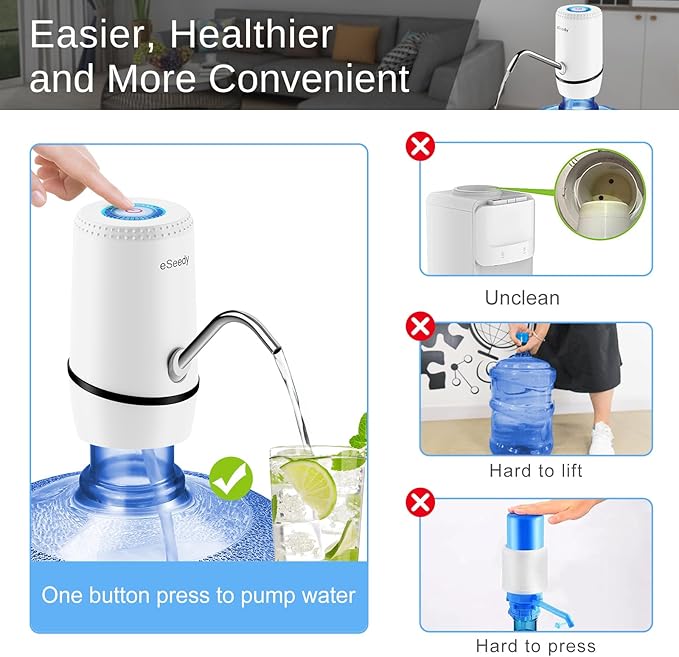 Water Pump for 5 Gallon Bottle, USB Charging Automatic Water Dispenser with Rechargeable Battery, Portable Electric Drinking Water Jug Pump for Home, Kitchen, Living Room, Office, Camping - White