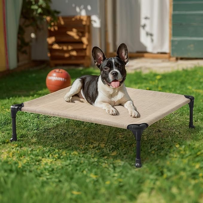 Veehoo Outdoor Elevated Dog Bed for Medium Dogs, Cooling Raised Dog Cot Off Ground Hammock Pet Beds with Breathable Mesh, No-Slip Feet, 32"x25", Beige Coffee
