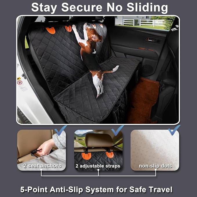 Dog Car Seat Cover for Back Seat, Waterproof and Non-Slip, Heavy-Duty Pet Seat Protector with Full Protection for Rear Bench on Cars SUVs Small Trucks (Black, Standard Back)