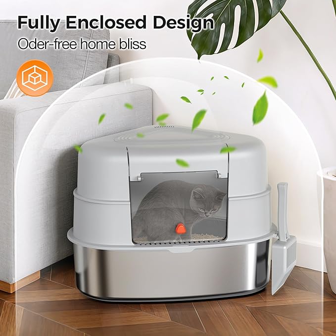 Chumajor XXL Stainless Steel Corner Cat Litter Box with Lid - Sturdy, No Odor & Space-Saving Hidden Design for Large Cats, Grey
