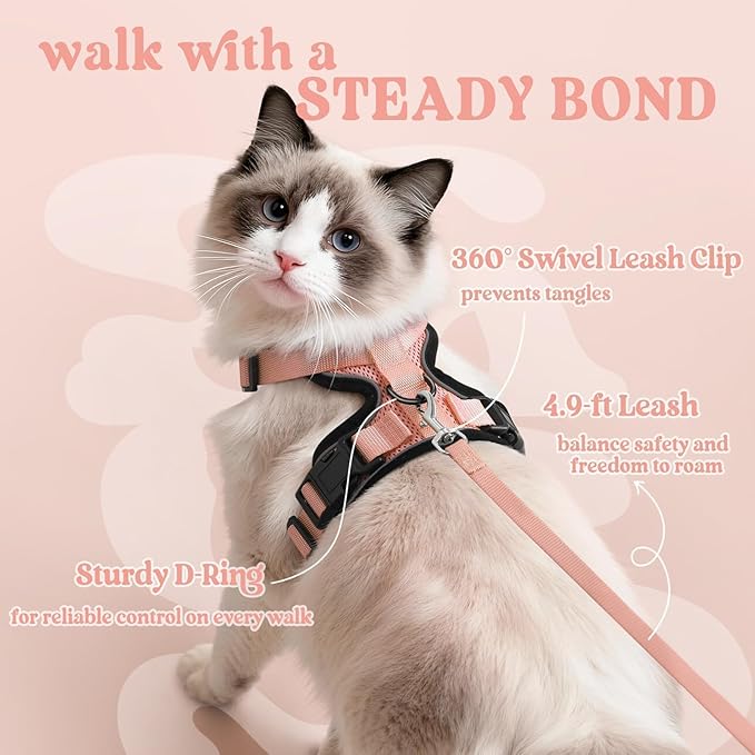 rabbitgoo Cat Harness and Leash Set, Escape Proof Vest Harness for Safe Outdoor Walks, Soft Breathable Adjustable Vest with Reflective Strips for Average to Large Cats, Light Salmon Pink, M