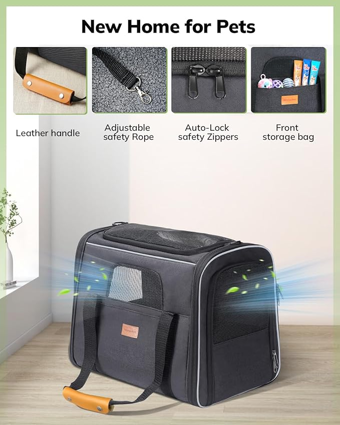 Morpilot Pet Carrier for Large Cats, Puppies & Small Dogs Up to 25lbs, Escape-Proof with Locking Zippers, Dual-Sided Cushion, Safety Buckle for Car & Vet Travel, Includes Foldable Bowl (Dark Gray)