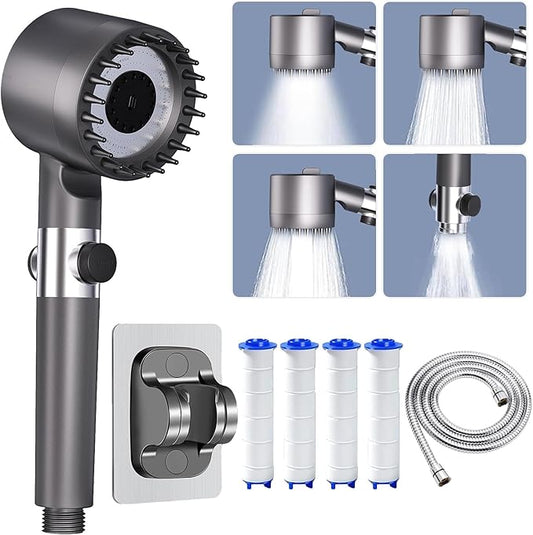 High Pressure Shower Head, 4 Spray Mode High Pressure Filtered Showerhead with 59 Inch Hose and Holder, Massage Handheld Shower Head and Hose Set with Pause Switch for Pets Bath-Remove Chlorine (Gray)
