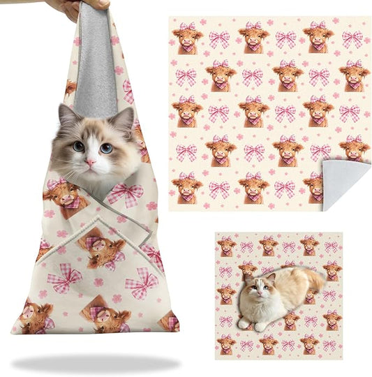 27.6"Cat Grooming Wrap, Self Adhesive Cat Wrap for Cutting Nail, Anti-Escape Calming Cat Swaddle Wrap for Medicine Ear Cleaning, Cow Anti-Scratch Cats Burrito Restraint Blanket, Pet Tool (6-10 lbs)