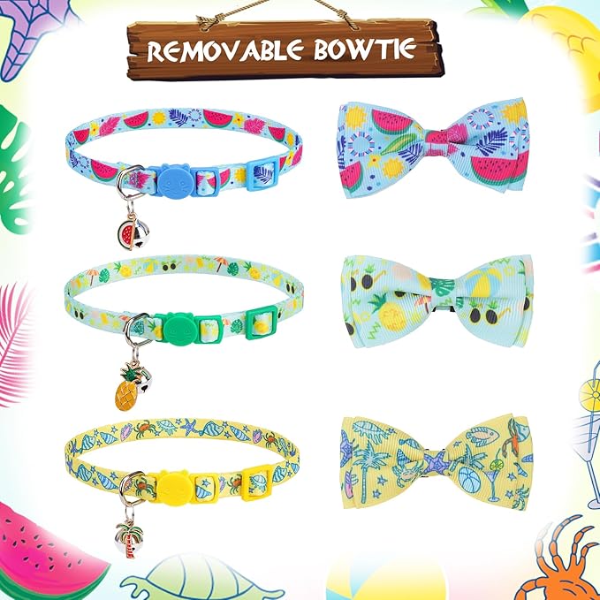 PUPTECK Cat Collar Breakaway with Bells, Kitten Collar Outfit Adjustable for Girl Boy Small Pet Puppy Bunny, Cute Costume Accessory with Safety Release Buckle (Bowtie-Summer)
