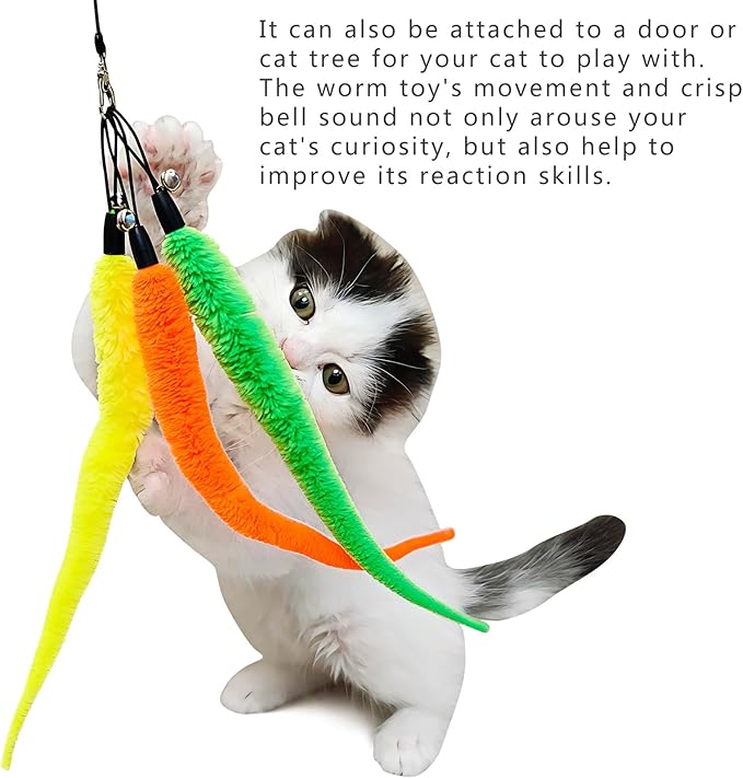 miwoowim 11 PCS Cat Wand Toy Refills - 10 Fuzzy Worm Attachments with Bells & 1 Replacement String with Clasp, Interactive Teaser Toys for Indoor Cats(10 Worms Refill)
