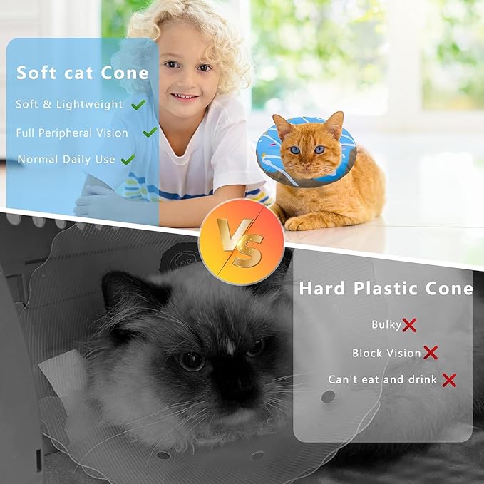 Seyezo Cat Cone Collar Soft, Adjustable Cat Recovery Collar Kitten Cones to Stop Licking, Cute Donut E Collar After Surgery, Cats Neck Pillow Elizabethan Cones of Shame (Waterproof Blue, Medium)
