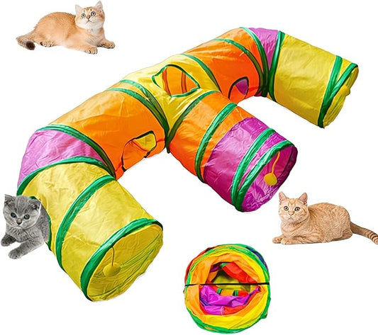 3 Way Collapsible Cat Tunnels with Interactive Ball, E Shape Folded Pet Tube Toy for Indoor Cats, Puppy, Kitty, Kitten, Rabbit