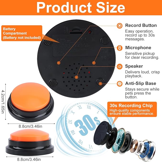 Dog Buttons for Communication,8Pcs 8 Color Talking Button Set with 30s Recordable Voice Pet Training Buzzers with 2 Mats & 2 Stickers, Talking Buttons for Dogs & Cats (Batteries Not Included)