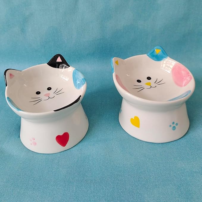 Cute Ceramic Raised Cat Bowls Elevated Design, 15° Tilted FeederProtect Cat's Spine Anti Vomiting Blow for Flat Faced Cats, Kitten Small Dogs,Raise Tilted Cat Food Bowld Pet Dishes(Blue)