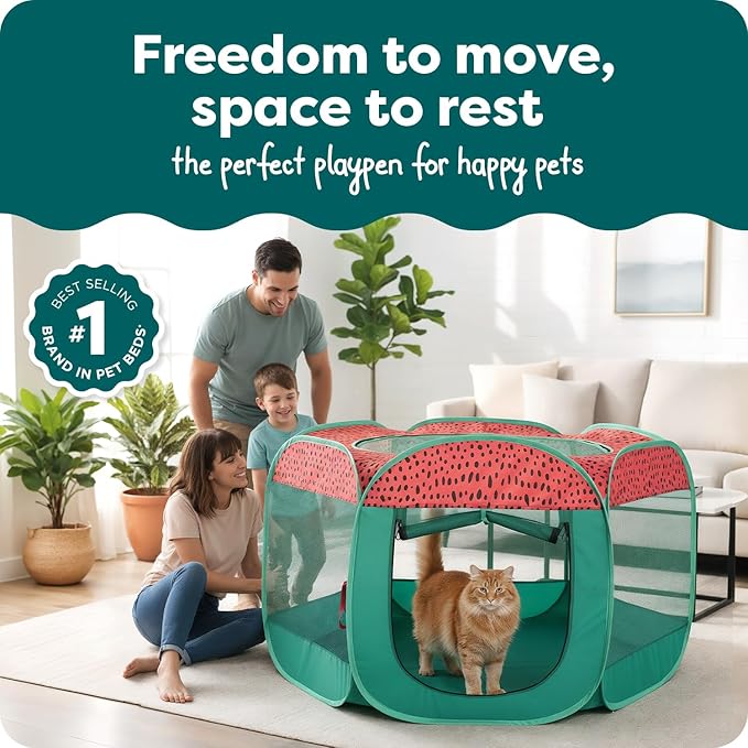 FurHaven Soft-Sided Dog & Cat Playpen, Portable Foldable Indoor & Outdoor Pet Playpen with Mesh Windows & Zippered Door, Green & Pink, Extra Large