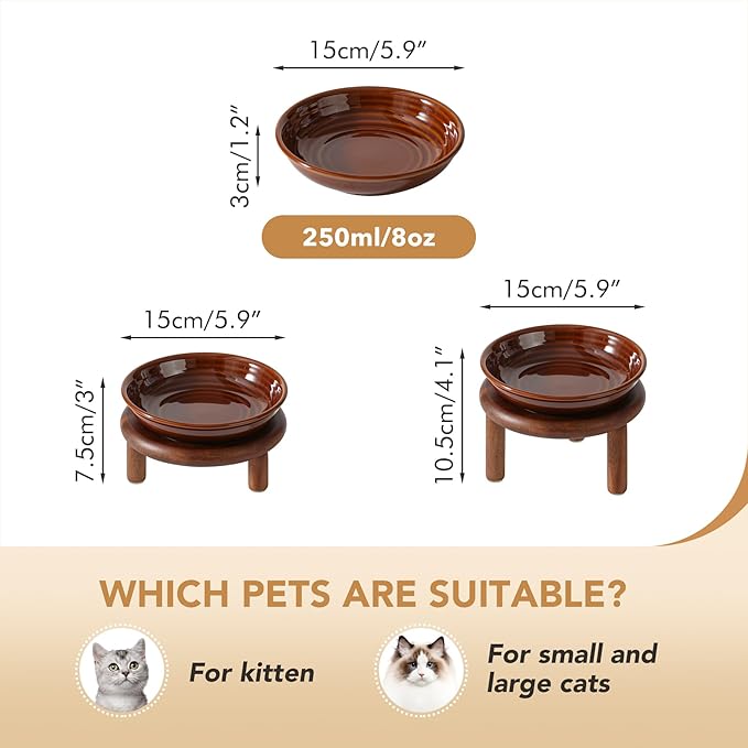 Havniva Elevated Cat Bowls Raised Ceramic Cat Bowl, 5.9” Wide Opening Cat Food Bowl Whisker Friendly Cat Dish Anti-Slip with Wood Stand, Shallow Pet Food & Water Bowl for Indoor Cats