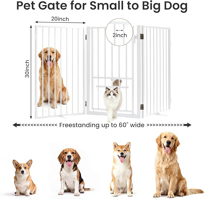 Full Metal Freestanding Dog Gate with Cat Door for Outdoor & Indoor,60" Extra Wide Foldable Pet Fence,30" Tall Free Standing Dog Gate for RV Camping,Stairs,Hallways,Doorways,Deck,Yard (3 Panels,White)