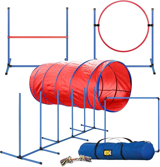 CHEEERING PET Premium Agility Set, 5-Piece Dog Training Kit - Tunnel, Jump, Hoop, Weave Poles, Easy-Carry Case for Indoor/Outdoor Use