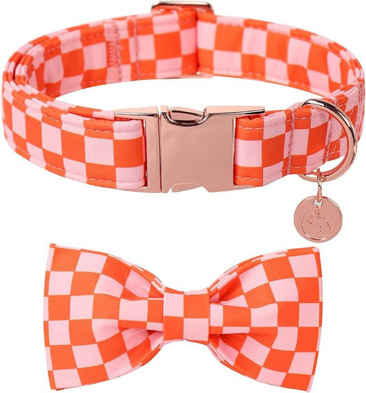 DOGWONG Orange Pink Plaid Dog Collar with Bow - Adjustable and Comfortable Autumn Dog Collar Fall Necklace for Large Medium Small Pet,S