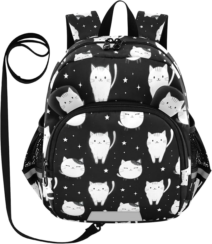 Cats Black and White Toddler Backpack with Leash, Cute Preschool Backpack Baby Harness Bookbag, 10L