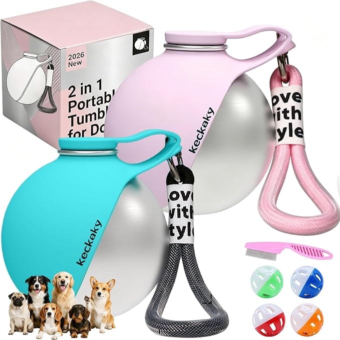 2 in 1 Portable Dog Water Bottle, 2026 New 10oz Spherical Stainless Steel Pet Bottle with Silicone Foldable Bowl, No-Spill Leak-Proof Design, Dog Water Bottle for Walking, Hiking, Travel (Pink+Blue)