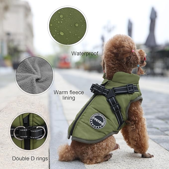 Dog Winter Coat,Warm Jacket Paded Fleece Dog Vest with Built in Harness,Windproof Reflective Cozy Adjustable Snow Pet Coat Clothes with Zipper for Small Medium Large Dogs