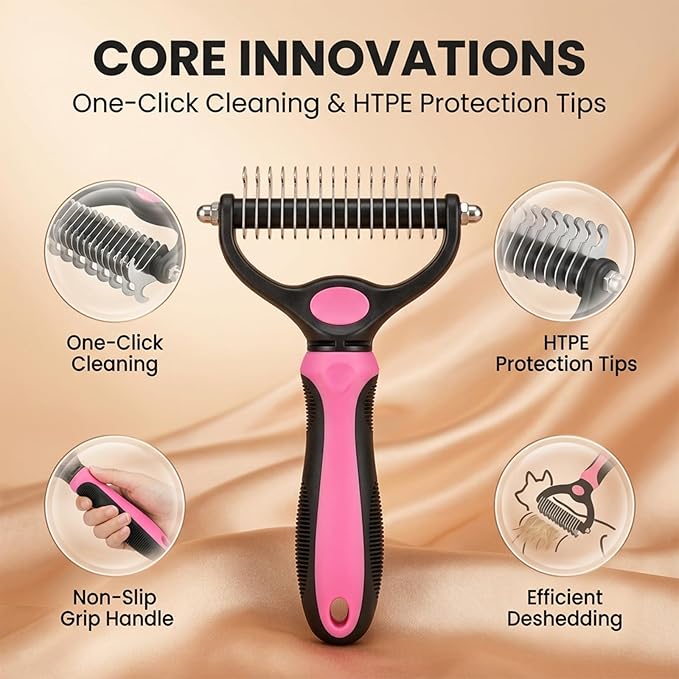 Sakerplus Pet Grooming Tool for Dogs & Cats, Professional Deshedding & Dematting Brush, Stainless Steel Undercoat Rake for Long & Short Hair Pets, Gentle Pet Hair Remover Comb (Pink,Small+Large)