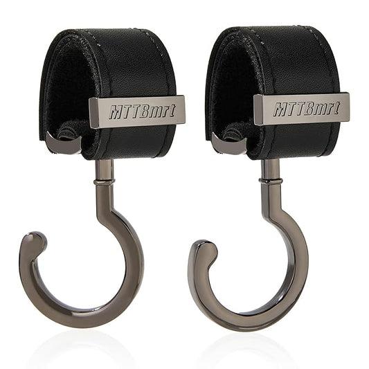 2 Pack Stroller Hooks,Strong Synthetic Leather Hook-and-Loop Fastener&High-Quality Metal Hooks,Universal Bag Clip|360° Rotation, 66lb Capacity,Non-Slip-Fits Wheelchair(Black-Silver Gray)
